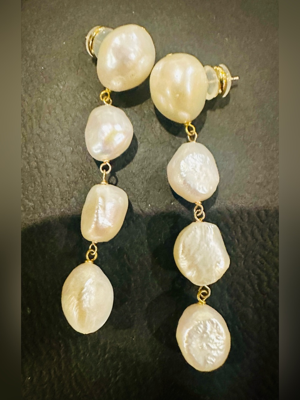 New Long Large 10K Gold Earrings Long dangly natural pearl solid gold earrings - Picture 3 of 5